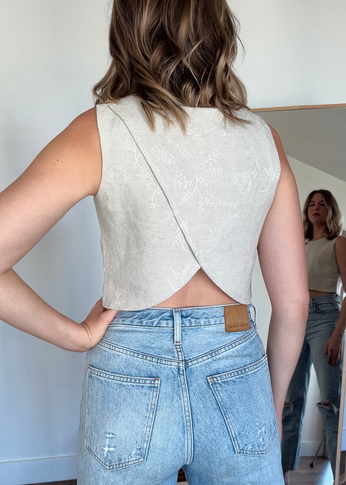 Classic Open-Back Crop Top: Embroidered Linen